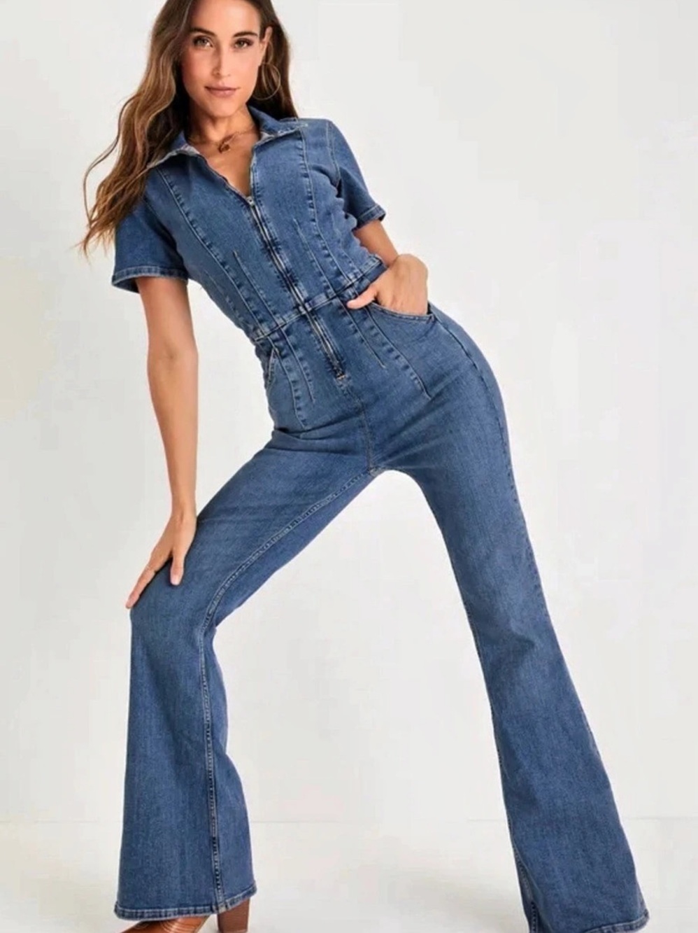 Free People Jayde Front Zip Denim Jumpsuit Denim Flare Jumpsuit in Blue Size Sma